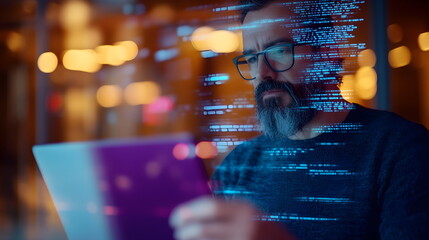 Elderly man with gray beard and glasses IT specialist writes code on laptop, purple holographic figures, abstract. Virtual technology software development concept with IT specialist.