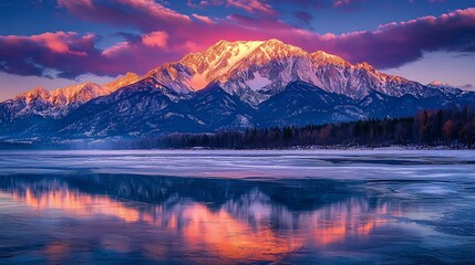 Wall Mural - Frozen lake reflects alpine sunrise
