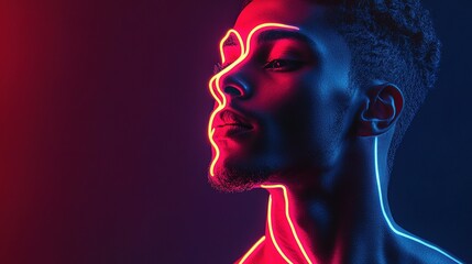 Poster - Young Man Portrait in Neon Style with Vibrant Light Effects