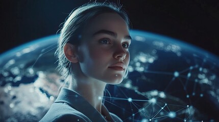 Poster - Woman Observing Digital Connective Network with Earth Background