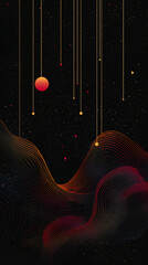 Poster - Vibrant wavy lines, golden suspended strands, crimson celestial body, glowing stars adorning dark cosmic expanse, forming surreal abstract landscape