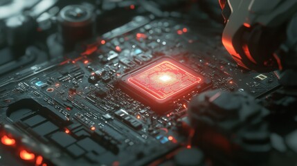 Fototapete - Circuit Board Close-Up with Glowing Processor and Robotic Arm Detail