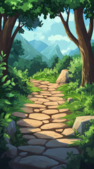 Poster - Stone pathway curving through lush evergreen woodland, meandering toward distant snow-capped mountain peaks, revealing serene wilderness landscape