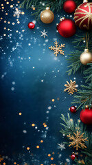 Aufkleber - Christmas ornaments, golden snowflakes and fir branches falling on a sparkling blue background