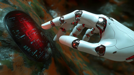 Poster - Futuristic Robot Hand Interacting With Digital Interface