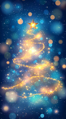 Poster - Golden light swirls forming abstract pine tree shape, glowing star crowning luminous design against blurred blue holiday backdrop