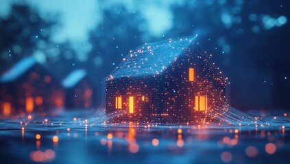 Poster - Abstract representation of a futuristic house made of glowing particles in a digital landscape with ethereal lights and soft blue background effects