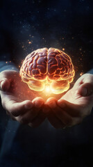 Poster - Glowing human brain held in open hands generating new ideas with a cosmic background, concept of knowledge and creativity