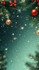Aufkleber - Christmas background with falling snow, fir branches, red berries and baubles creating a festive atmosphere
