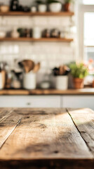 Aufkleber - Sunlight illuminating empty wooden table in a blurred kitchen with shelves, plants and cooking utensils