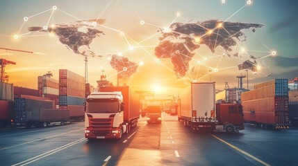 Poster - Global Logistics Application Concept with Trucks and Containers