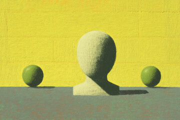 Poster - minimalist painting features faceless bust and two spheres against yellow background, creating surreal and abstract composition. use of shadows adds depth and intrigue to artwork