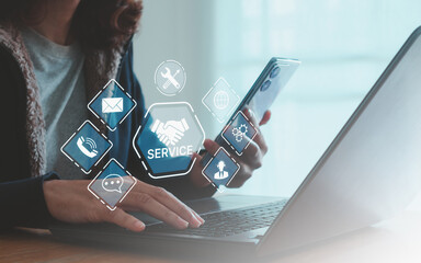 technical support operator working on laptop computer with virtual screen. helpdesk it support call 