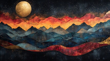 Wall Mural - Golden waves and colorful mountain art high resolution hd background