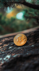 Poster - Cryptocurrency lying on wooden surface, blurred forest background emphasizing digital finance merging with natural environment