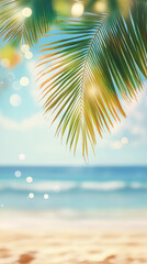 Poster - Blurred seascape with palm leaves, bokeh effect and golden sand beach creating a dreamy summer atmosphere