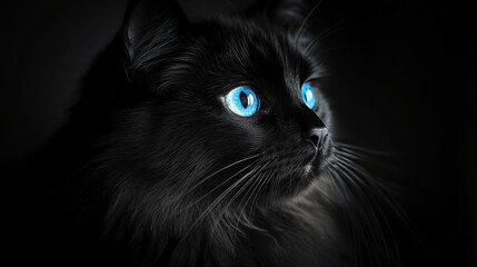 Poster - Close-up of black cat with bright blue eyes, dark fur texture, elegant profile, showcasing feline beauty and mystery, perfect for pet or animal themes