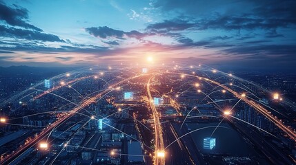 Poster - Futuristic Global Supply Chain Visualization Over Cityscape at Sunset