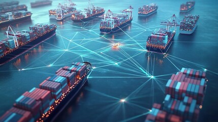 Poster - 3D Illustration of Multi Mode Transport Network with Cargo Ships