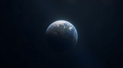 Wall Mural - Cinematic Moody Earth From Space Realistic Dark Blue Planet Digital Art High-Res 4K UHD Detailed Desktop Wallpaper
