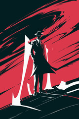 Poster - Stylized noir illustration of a mysterious figure in a trench coat against a vibrant red backdrop