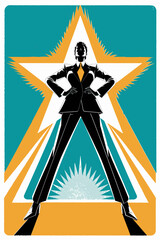 Poster - Dramatic illustration of a powerful figure in a suit, set against teal and orange starburst background