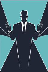 Poster - Stylized silhouette of a business figure in a dark suit against a teal background