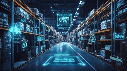 Poster - Futuristic AI Logistics Management System Visualizing Warehouse Operations
