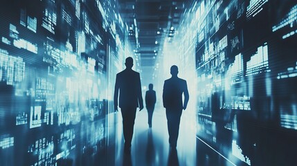Poster - Modern Abstract Business Team Walking Through Digital Data Tunnel
