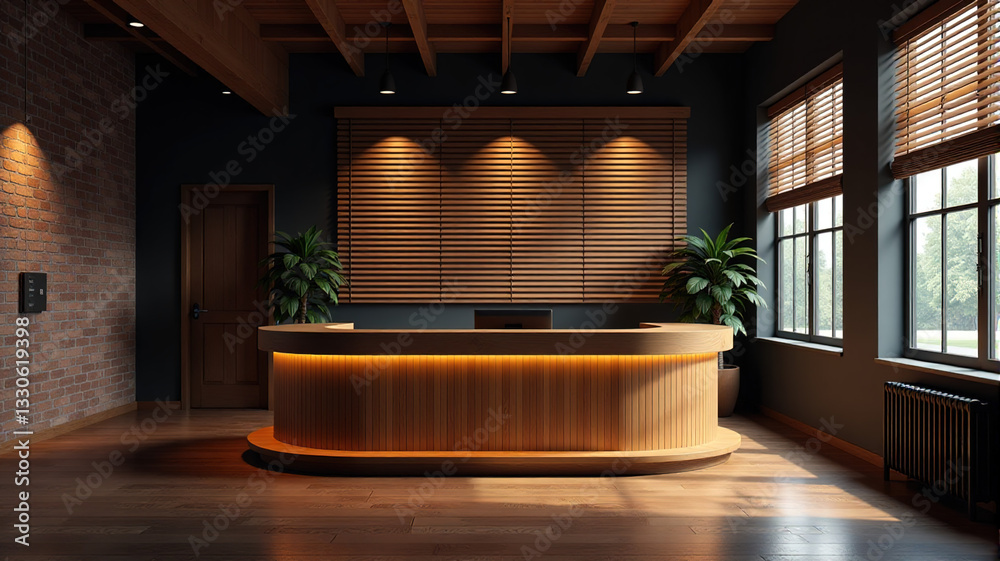Modern wooden reception desk in a stylish office interior with warm ...