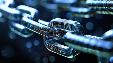 Poster - close up of digital chain link with binary code symbolizing blockchain technology, digital security,