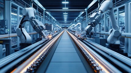 Poster - Advanced Futuristic Factory Floor with Conveyor Belts and Robotics