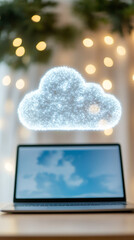 Aufkleber - Cloud computing concept showing a bright cloud floating over a laptop with Christmas lights in the background