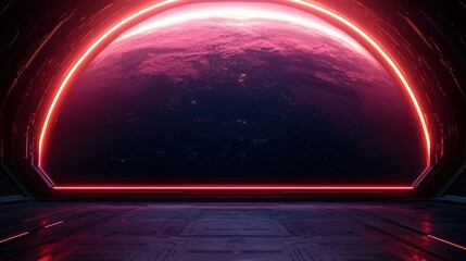 Poster - A futuristic scene featuring a glowing archway revealing a vibrant planetary view, enhanced by neon lighting effects.