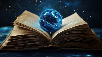 Poster - An open book with a glowing Earth floating above its pages, set against a starry cosmic background
