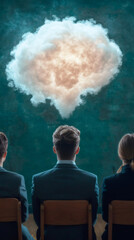 Fototapete - Business team looking at cloud computing information hanging on a dark wall, cloud service concept