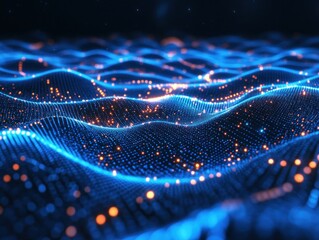 Poster - Abstract digital waves with glowing particles at night