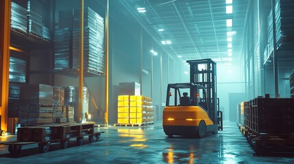 Poster - Futuristic Forklift Loading Pallets in a Modern Warehouse Environment