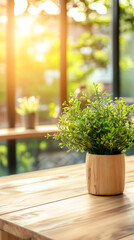 Poster - Verdant seedling nestled in rustic wooden container, bathing in soft window light, emanating serene indoor gardening tranquility