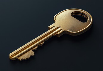 Poster - Golden key lying on a dark reflective surface showcasing intricate detailing and elegant shape, perfect for symbolic representations of security and access