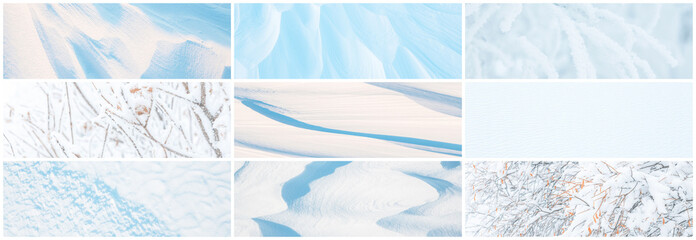 Wall Mural - set of snow textures. a collection of light winter backgrounds including: smooth clean white snow, w