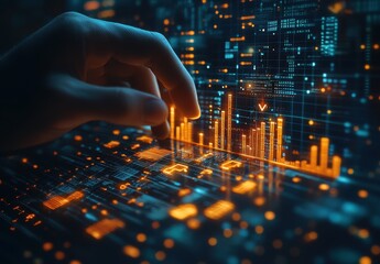 Aufkleber - Hand Interacting with Futuristic Data Visualization on Digital Screen with Statistical Graphs and Geometric Lines in a High-Tech Environment