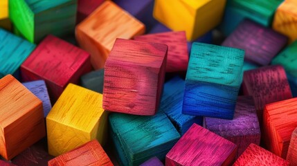 Poster - A vibrant collection of colorful wooden blocks creates a lively spectrum against a clean white backdrop. Perfect for creative projects