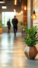 Poster - Green plant in wooden pot standing in modern office corridor with warm light and blurred businesspeople walking