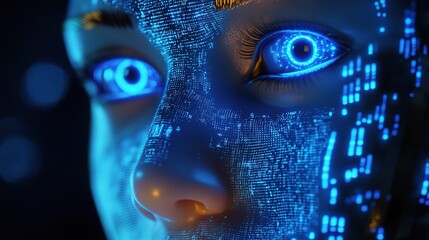 Poster - Cybernetic Humanoid Face with Glowing Blue Eyes in Digital Design
