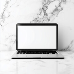 Close-up of a laptop with white blank mock up screen on a marble background