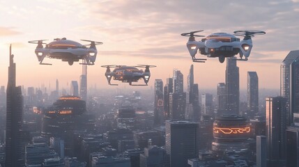 Poster - Futuristic Drones Delivering Packages Over a Modern Cityscape
