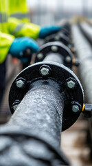 Poster - Close-up of pipeline flange with water droplets, technician working in background, emphasizing industrial maintenance and safety