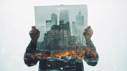 Poster - Engineer Holding Blueprint Over City Skyline with Construction Elements