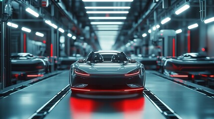 Poster - Futuristic AI-Driven Car on Robotic Assembly Line in Factory Setting
